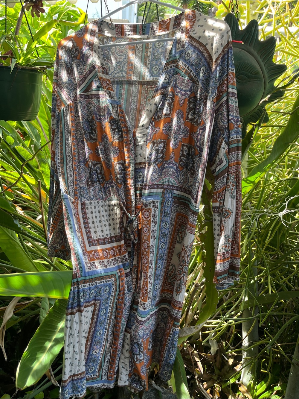 lovestitch Patchwork Boho Long Sleeve Dress in Rust and Blue